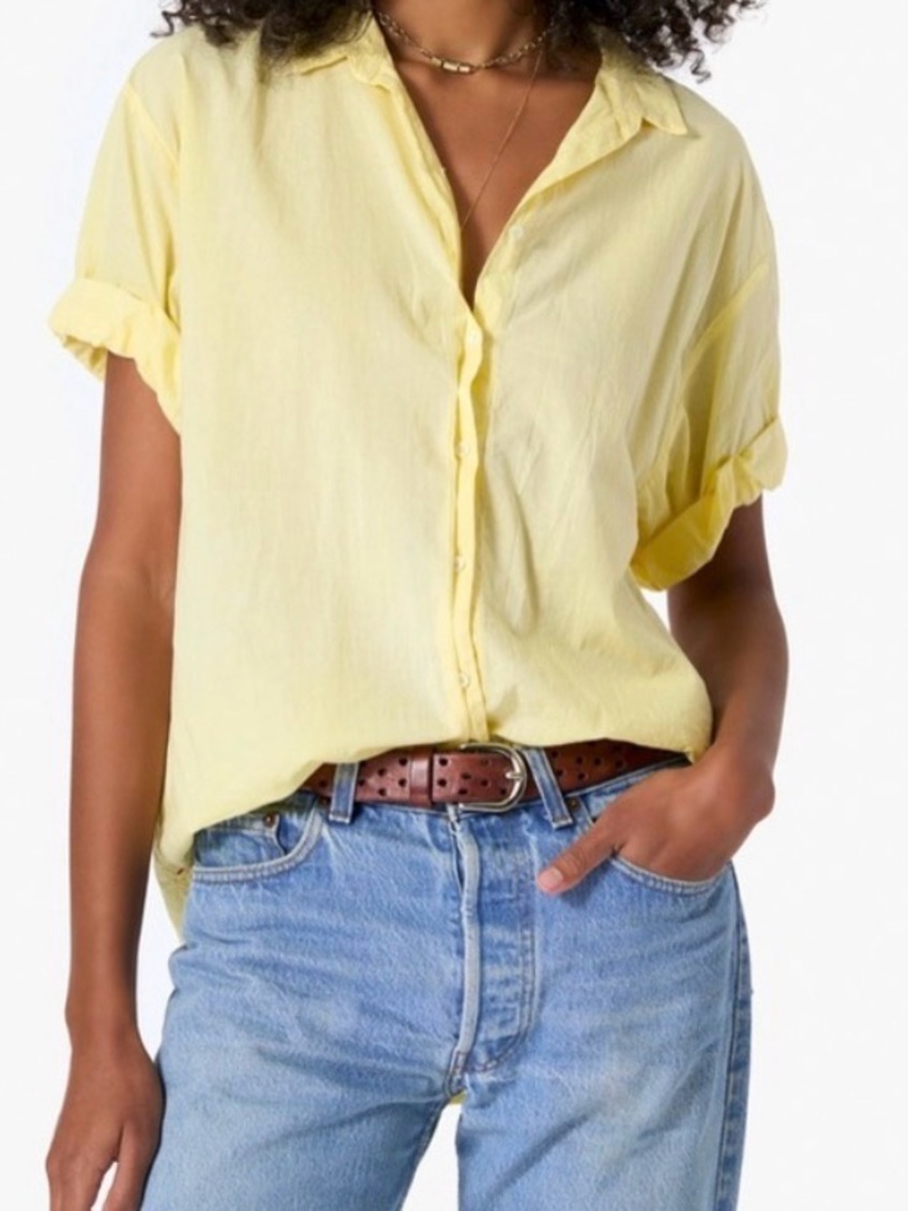 XiRENA Yellow Button-Front Women’s Shirt with Tie Hem